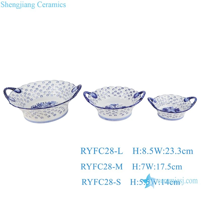 Ryfc28-L-M-S Blue and White Hollow Fruit Basket Three Piece Set Plate